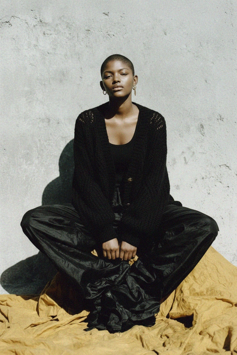 Oversized Black Knit Cardigan with Open Stitch Detail photo 3