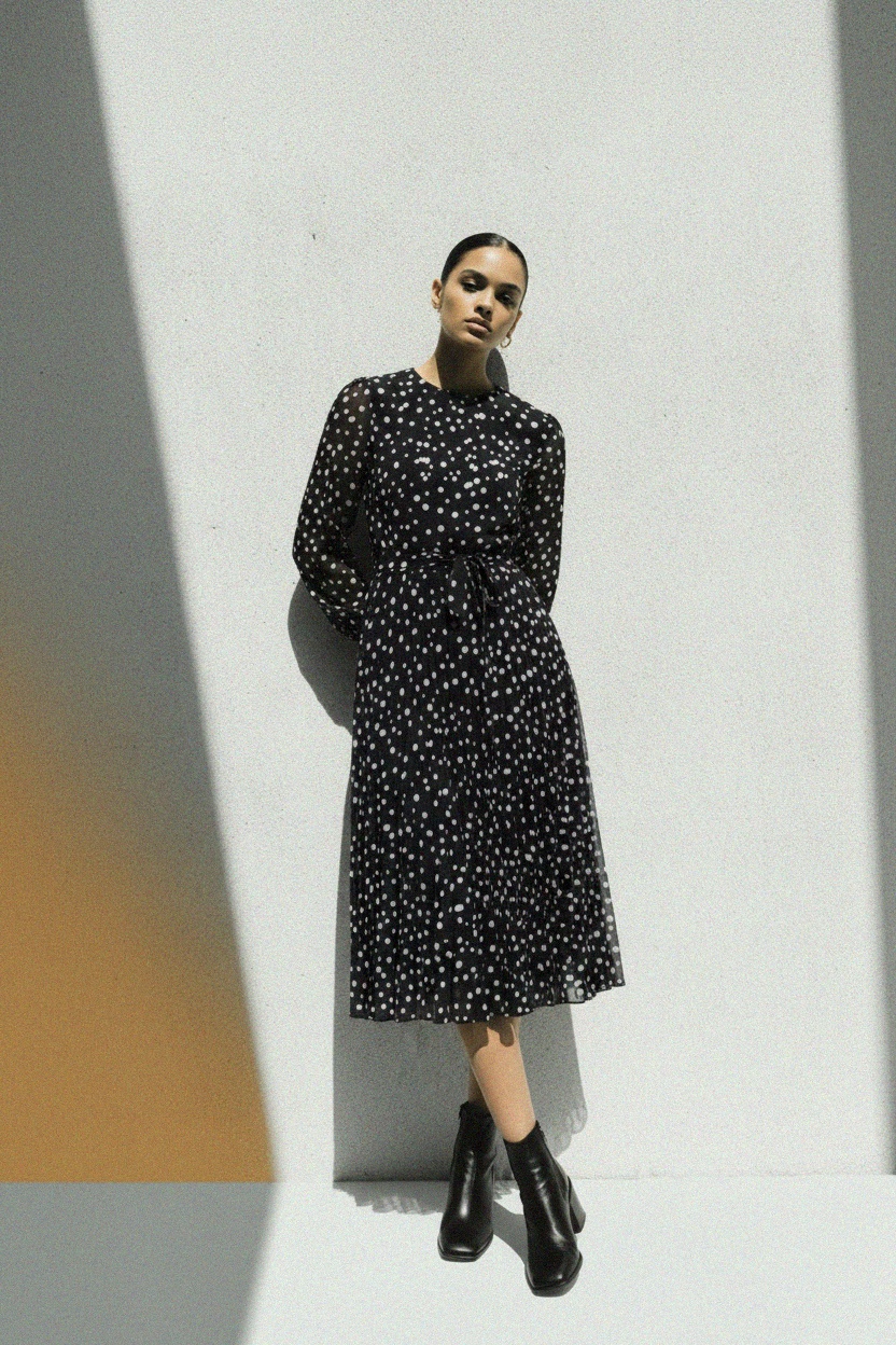 Polka Dot Pleated Midi Dress with Tie Waist photo 3