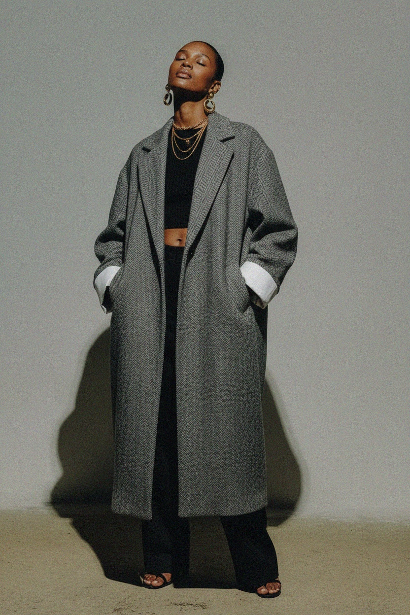 Oversized Grey Herringbone Long Coat photo 2