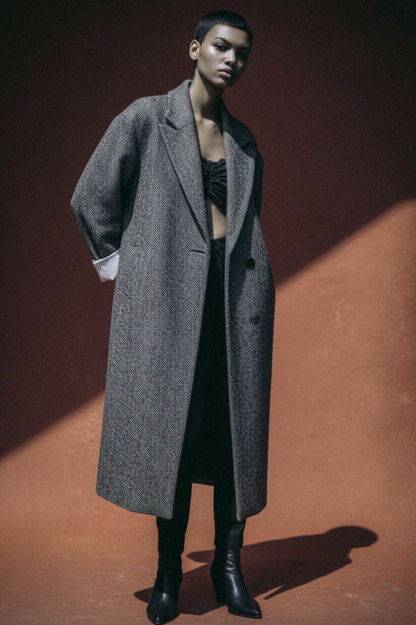 Oversized Grey Herringbone Long Coat photo 3