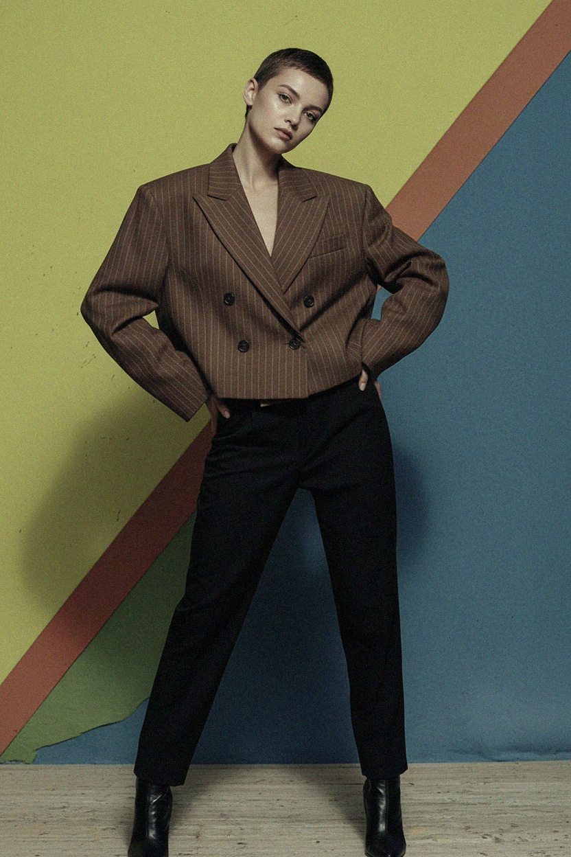 Cropped Double-Breasted Pinstripe Blazer photo 2