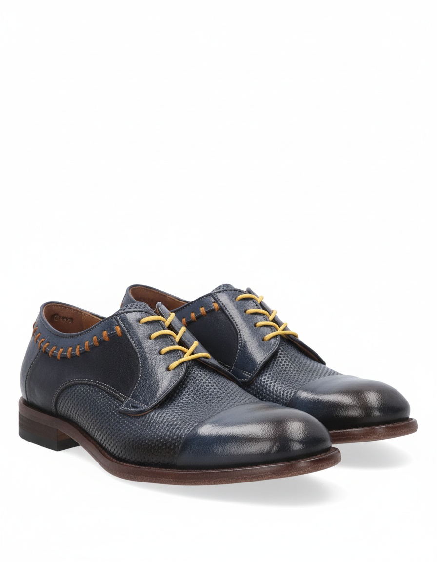 Blue Textured Leather Derby Shoes with Yellow Laces photo 1