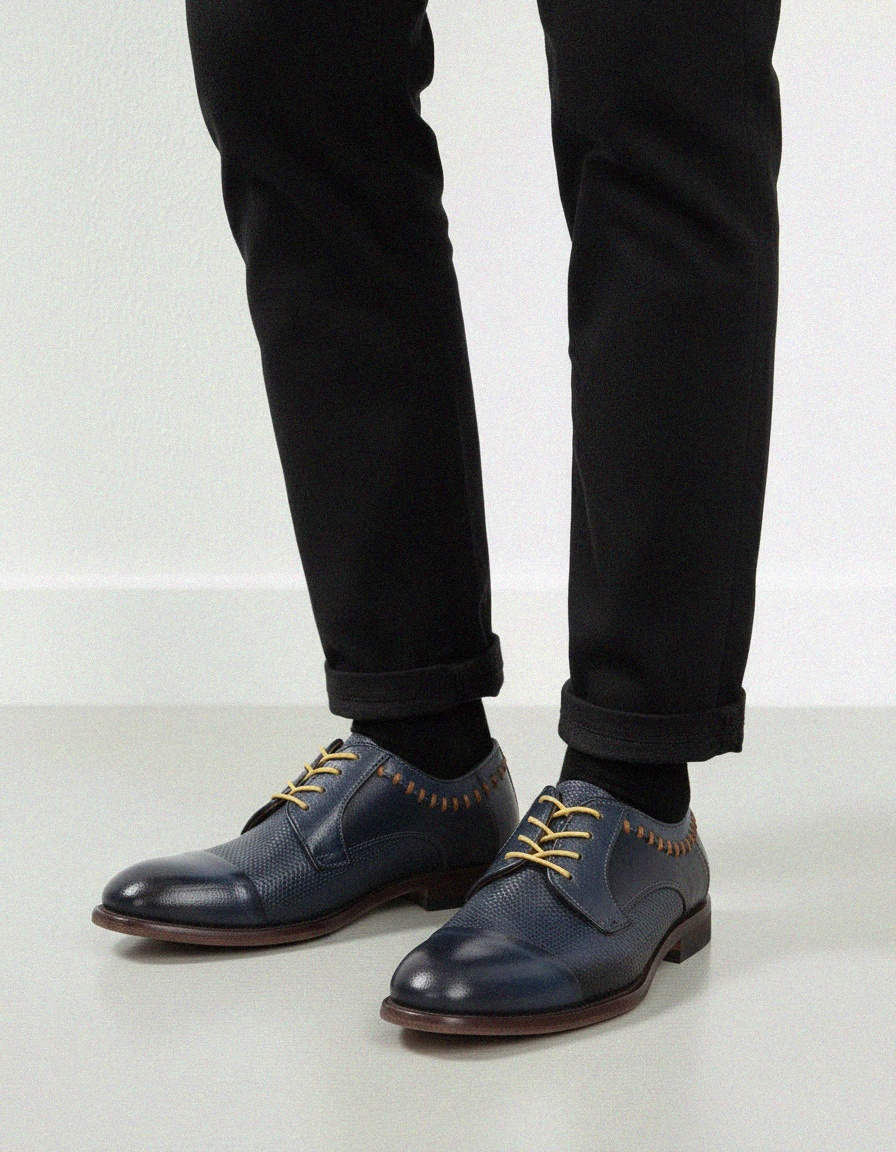 Blue Textured Leather Derby Shoes with Yellow Laces photo 2