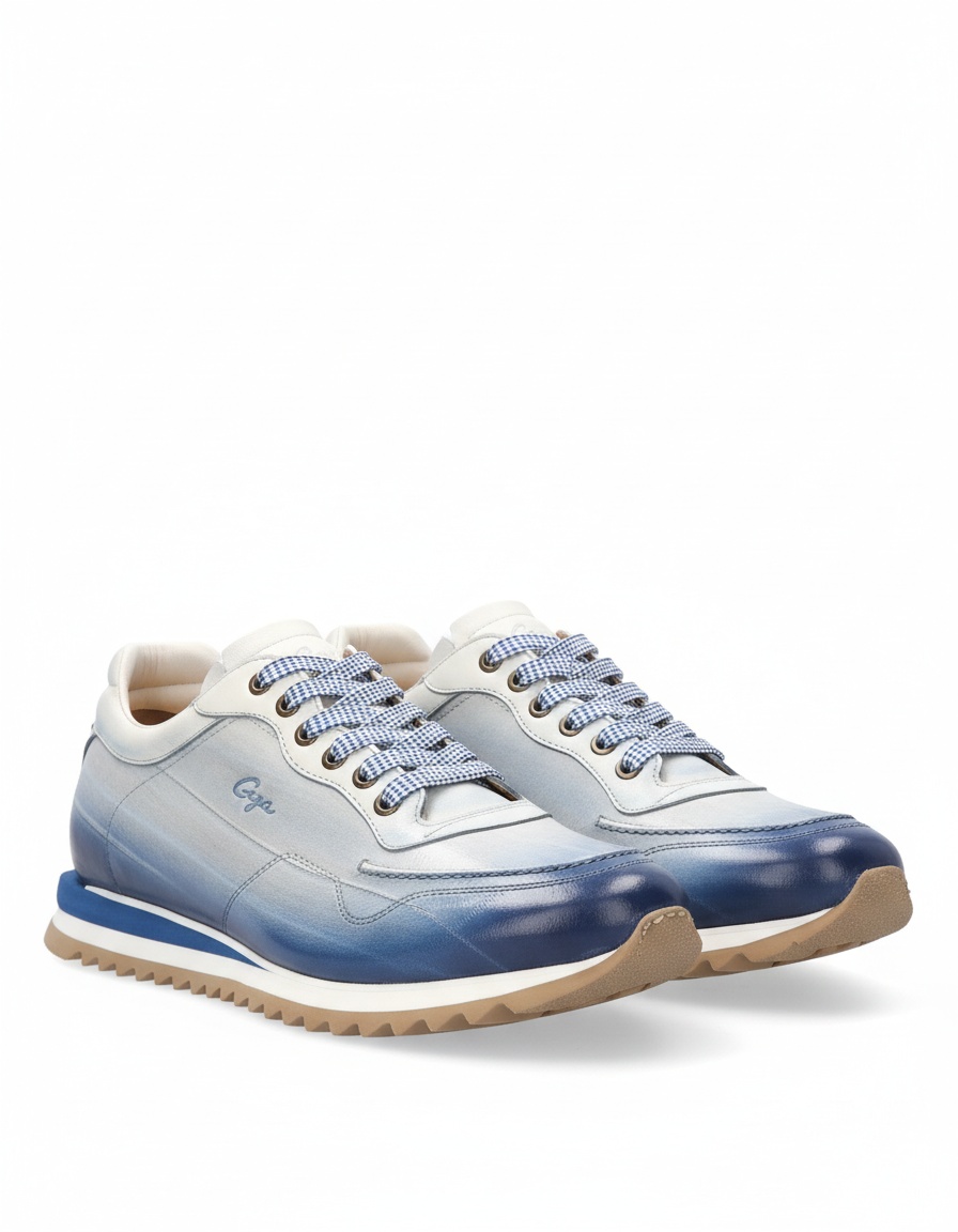 Ombre Blue Leather Sneakers with Checkered Laces photo 1