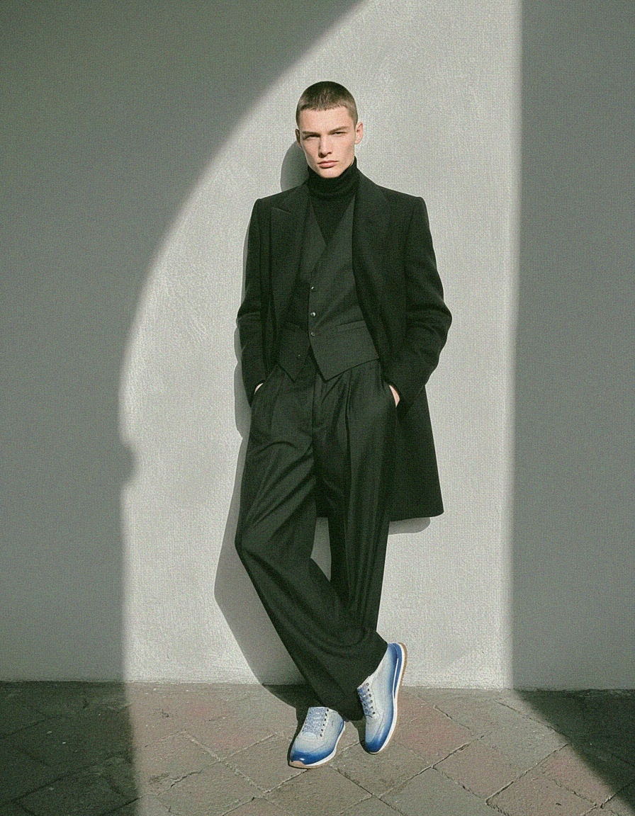 Ombre Blue Leather Sneakers with Checkered Laces photo 3