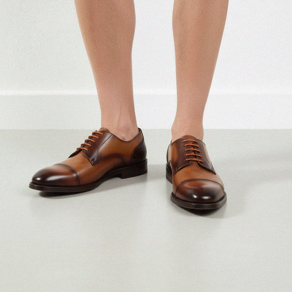 Multi-Tone Leather Derby Shoes with Orange Laces photo 2