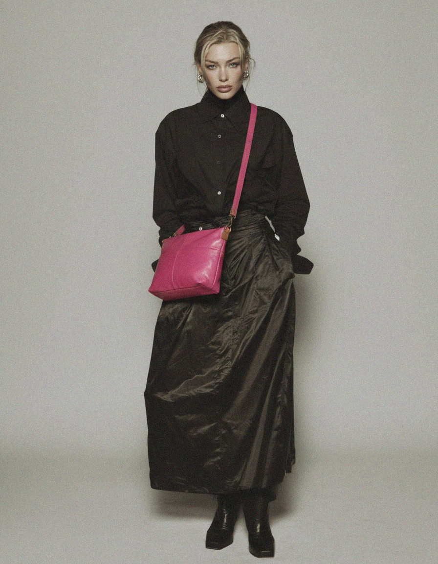 Vibrant Pink Leather Shoulder Bag with Tan Strap photo 2