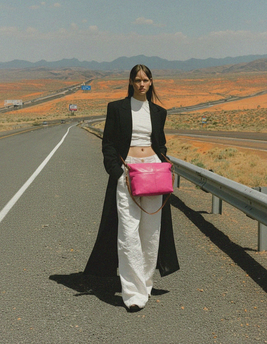 Vibrant Pink Leather Shoulder Bag with Tan Strap photo 3