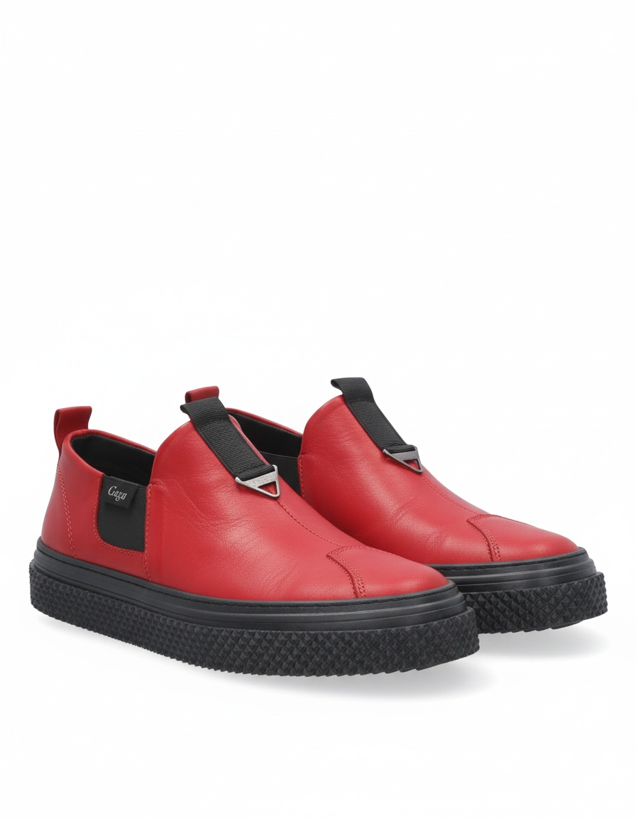 Red Leather Slip-On Sneakers with Textured Sole photo 1