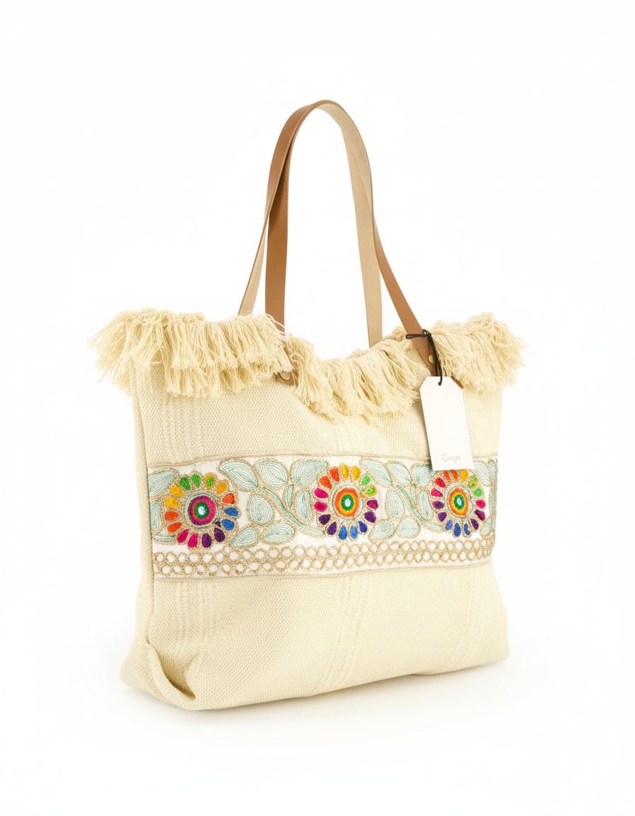 Boho Beige Embroidered Fringe Tote Bag photo 1