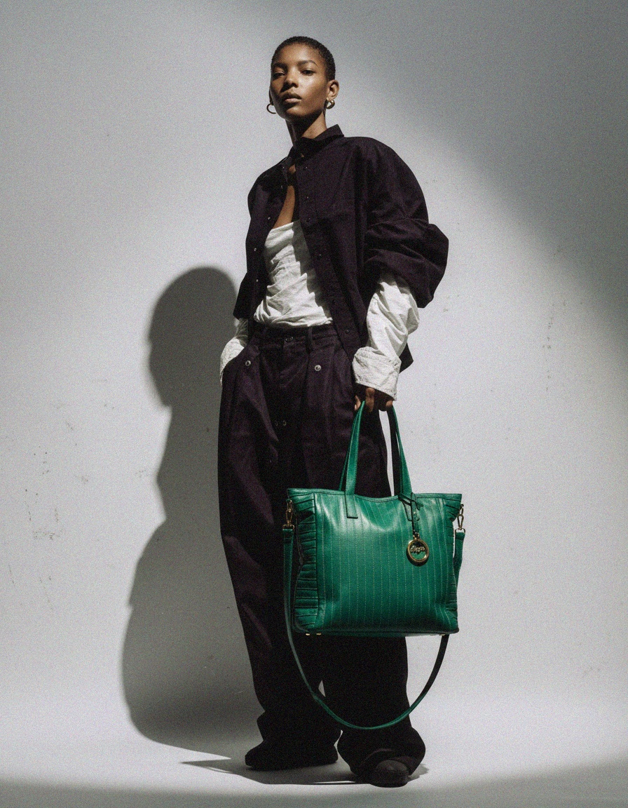 Emerald Green Leather Tote Bag with Detachable Strap photo 2