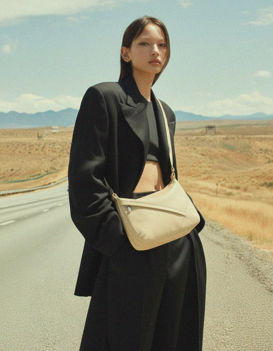 Elegant Beige Leather Shoulder Bag with Adjustable Strap photo 2