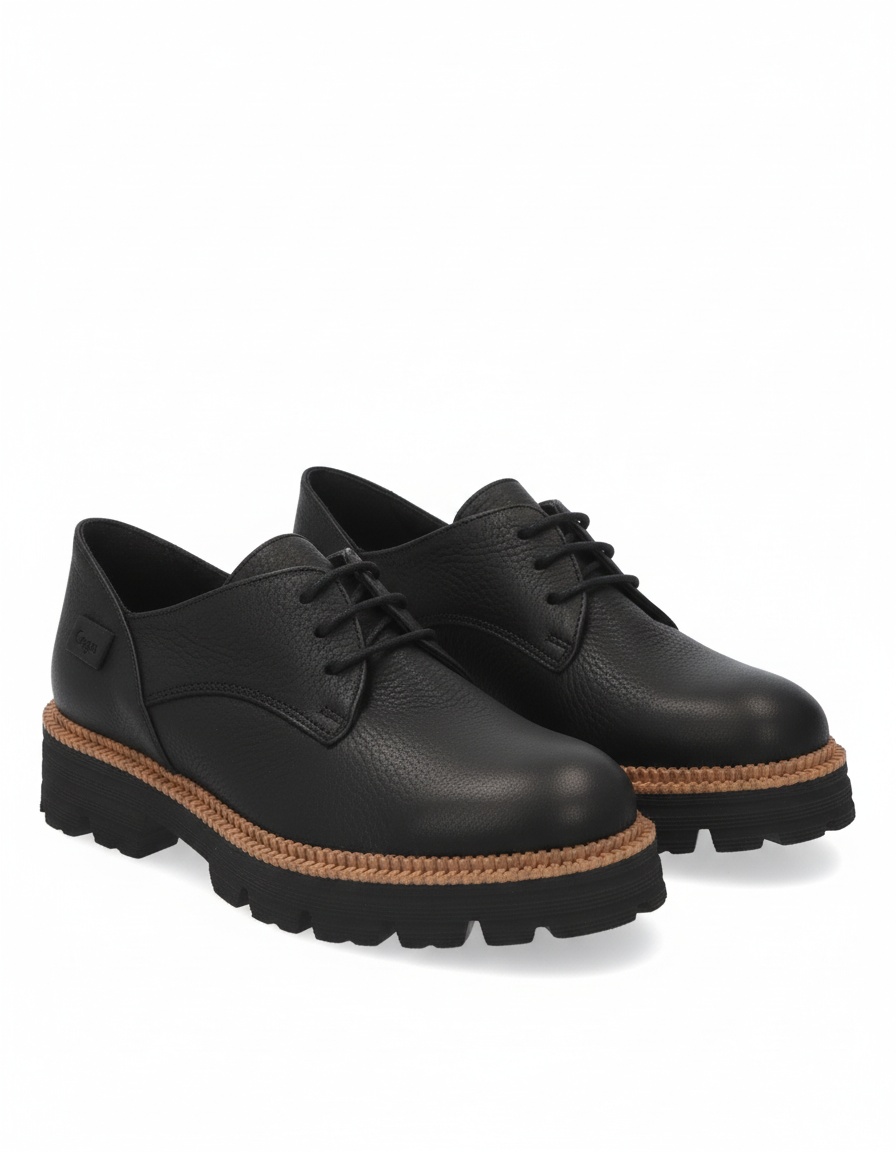 Black Leather Lace-Up Shoe with Braided Trim Sole photo 1