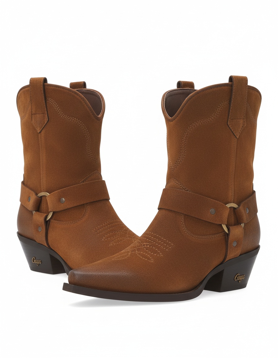 Brown Suede Western Ankle Boots with Harness Detail photo 1