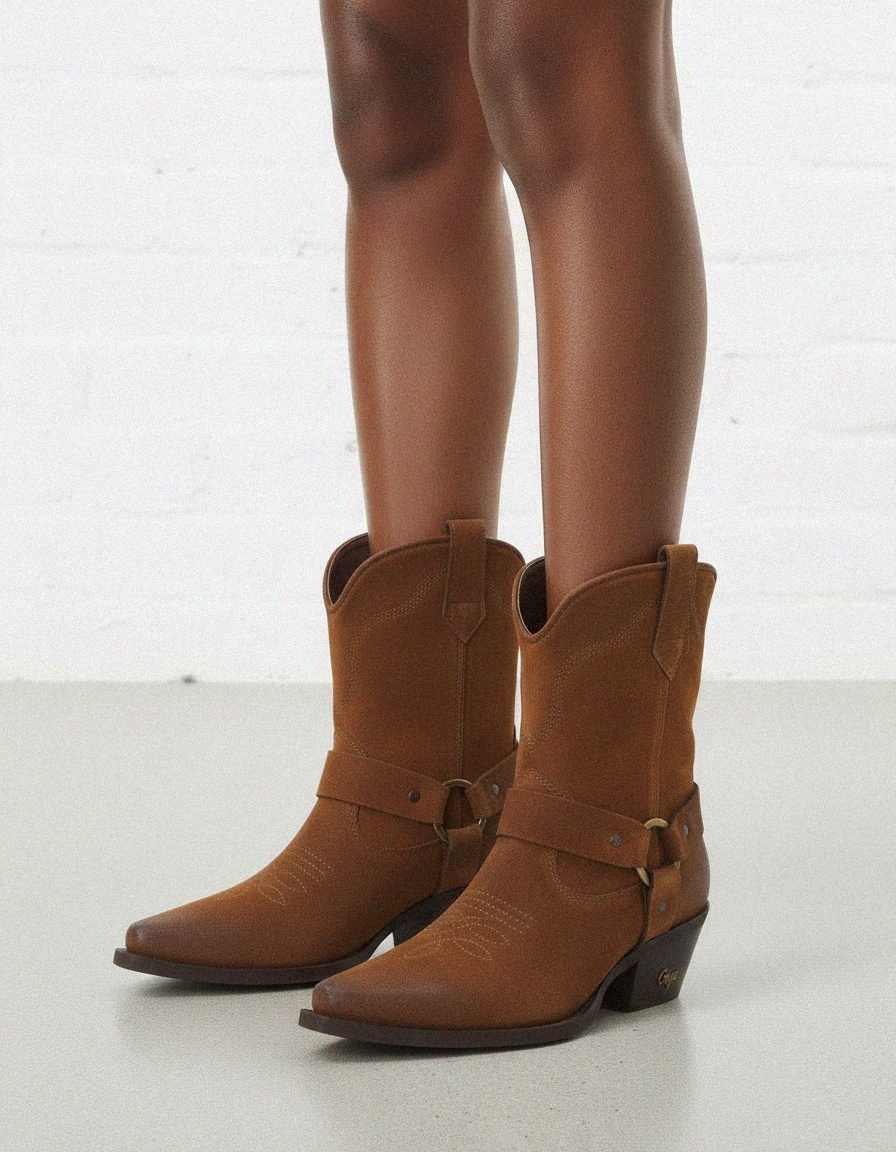 Brown Suede Western Ankle Boots with Harness Detail photo 2