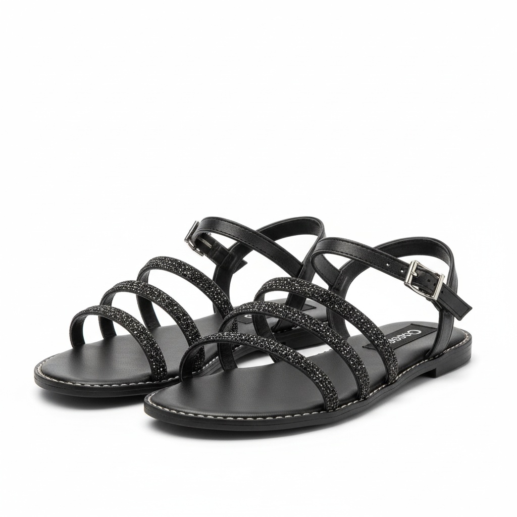 Black Sparkle Strap Flat Sandals photo 1