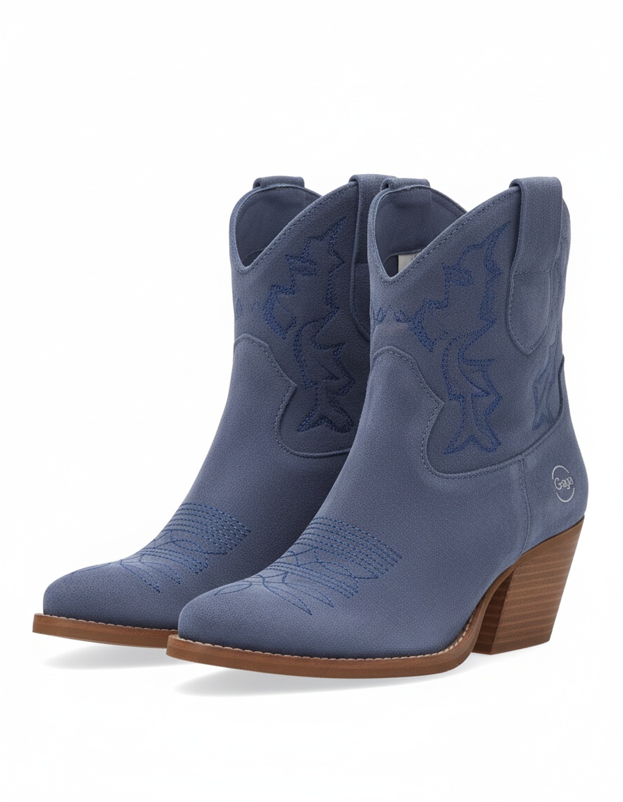 Blue Suede Western Ankle Boot with Embroidered Detail photo 1