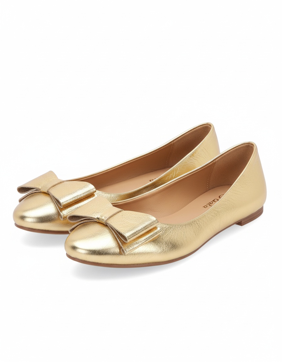 Gold Metallic Ballet Flats with Bow Detail photo 1
