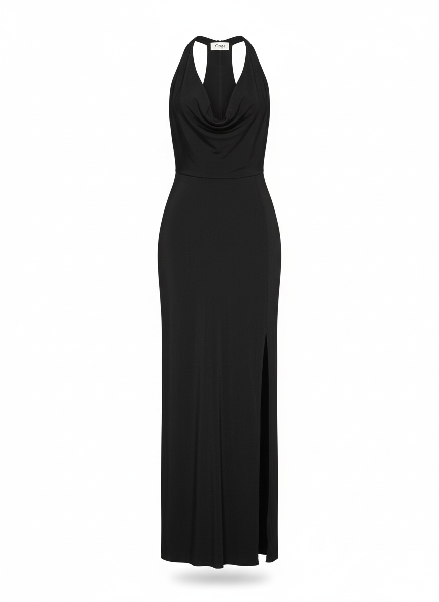 Black Halter Maxi Dress with Draped Cowl Neck photo 1