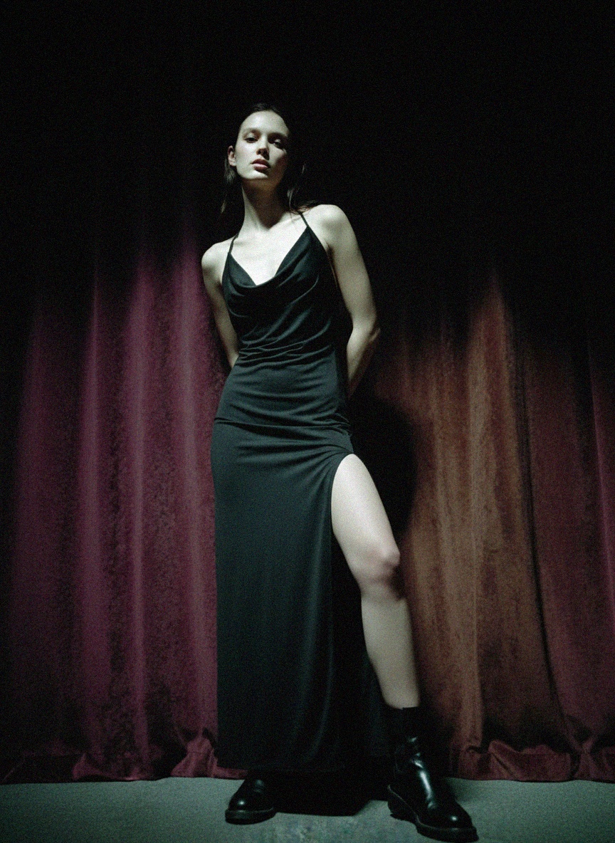 Black Halter Maxi Dress with Draped Cowl Neck photo 2