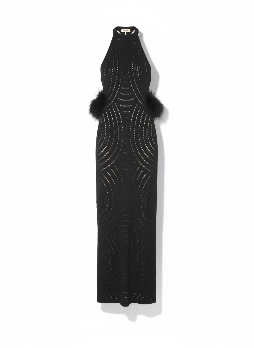 Black Halter Neck Maxi Dress with Intricate Pattern photo 1