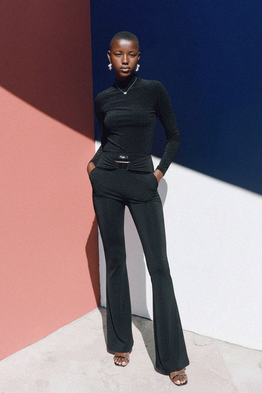 Black Flared Pants with Cut-Out Waist Detail photo 2