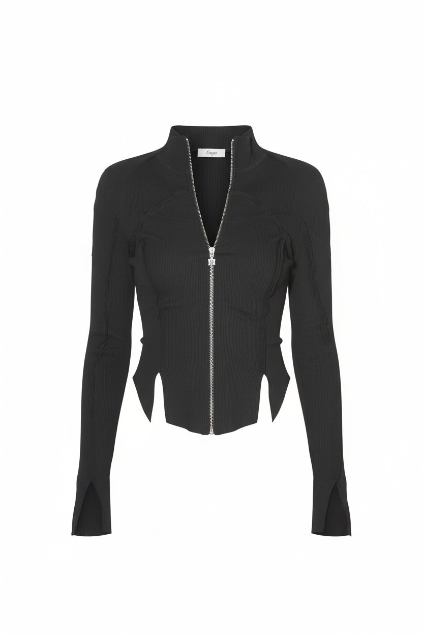 Black Ribbed Fitted Zip-Up Top photo 1