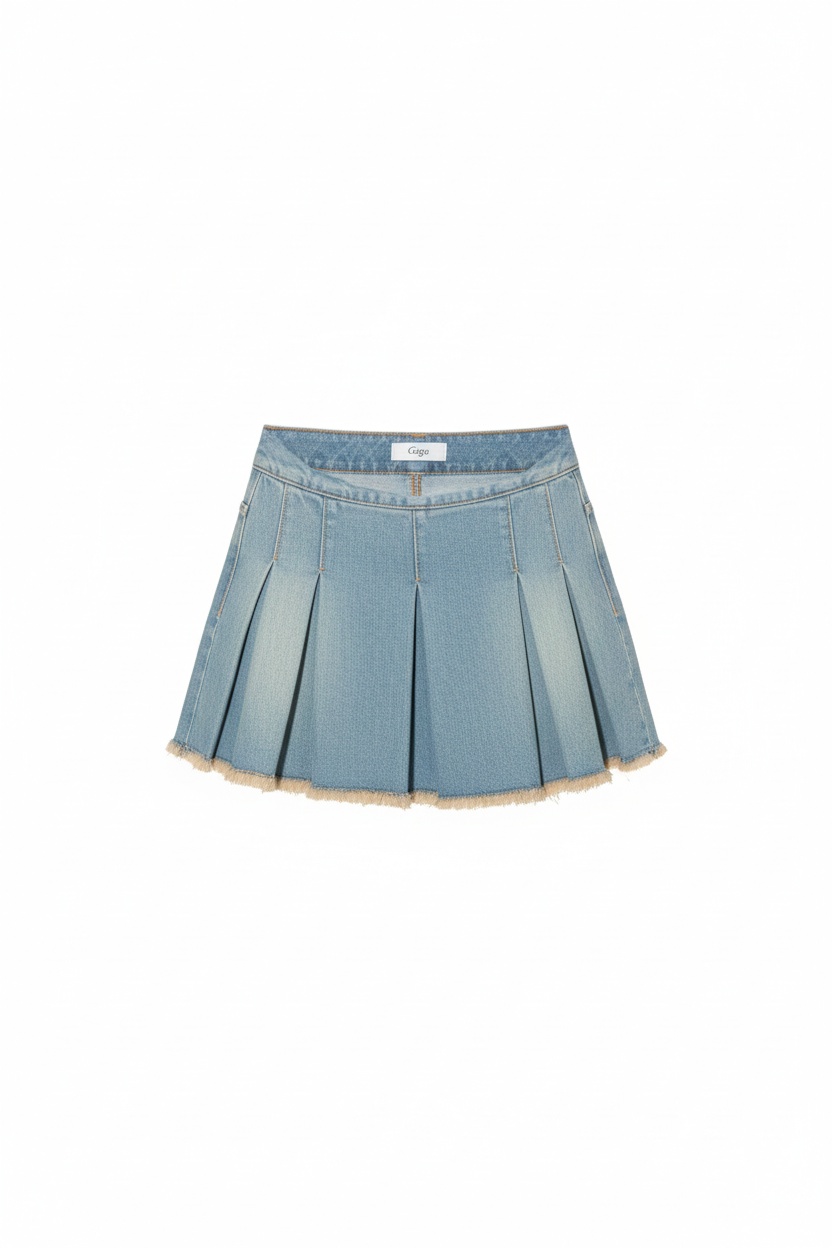 Frayed Hem Pleated Denim Mini Skirt photo 1