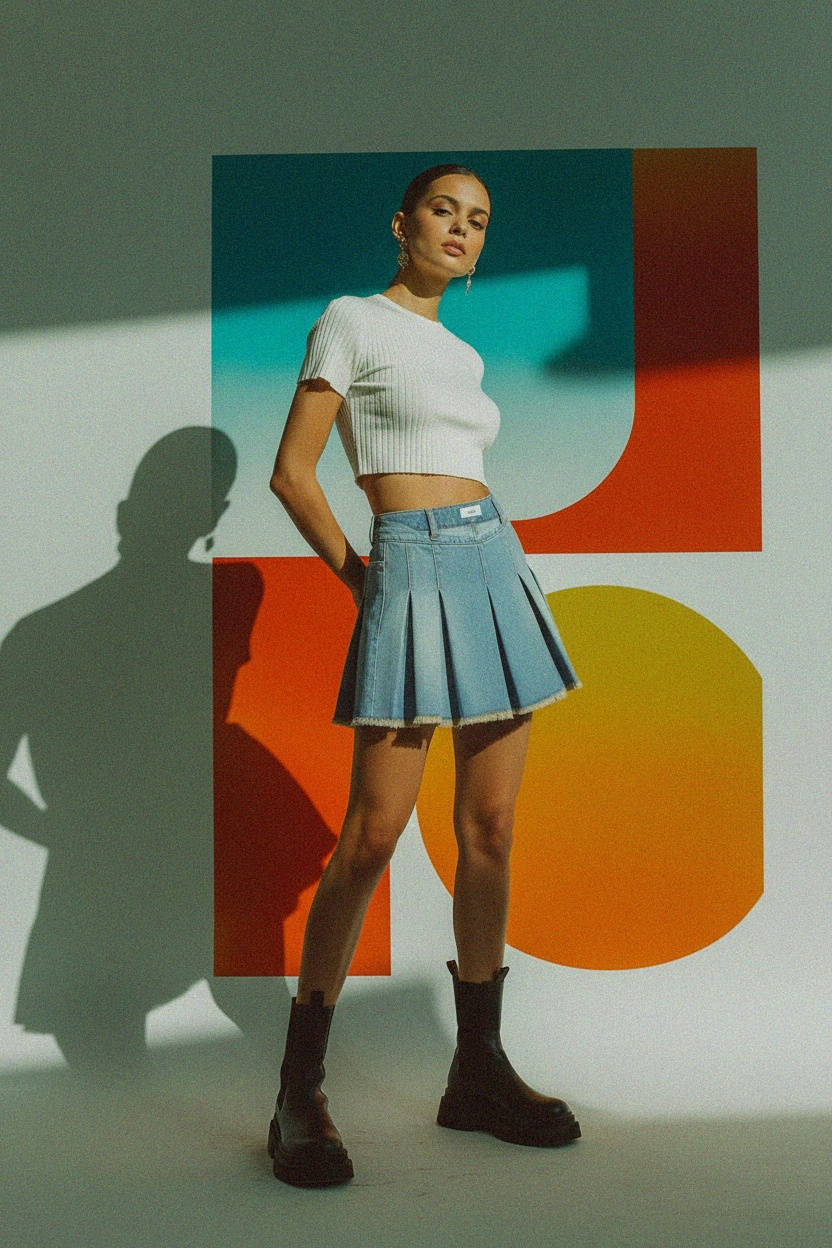 Frayed Hem Pleated Denim Mini Skirt photo 2