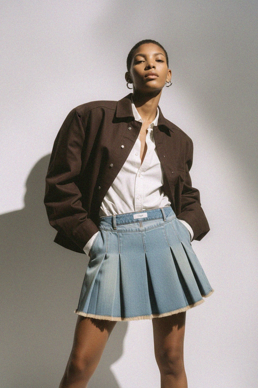 Frayed Hem Pleated Denim Mini Skirt photo 3