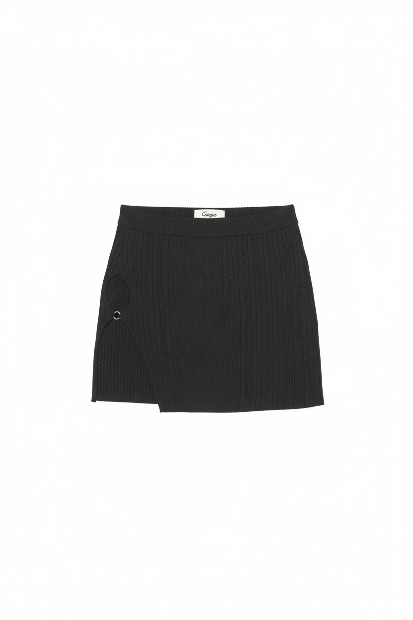 Black Ribbed Mini Skirt with Side Slit Detail photo 1