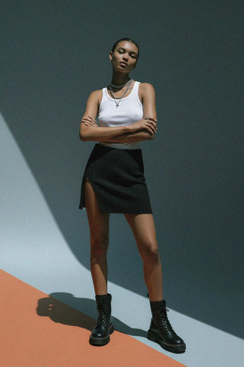 Black Ribbed Mini Skirt with Side Slit Detail photo 2