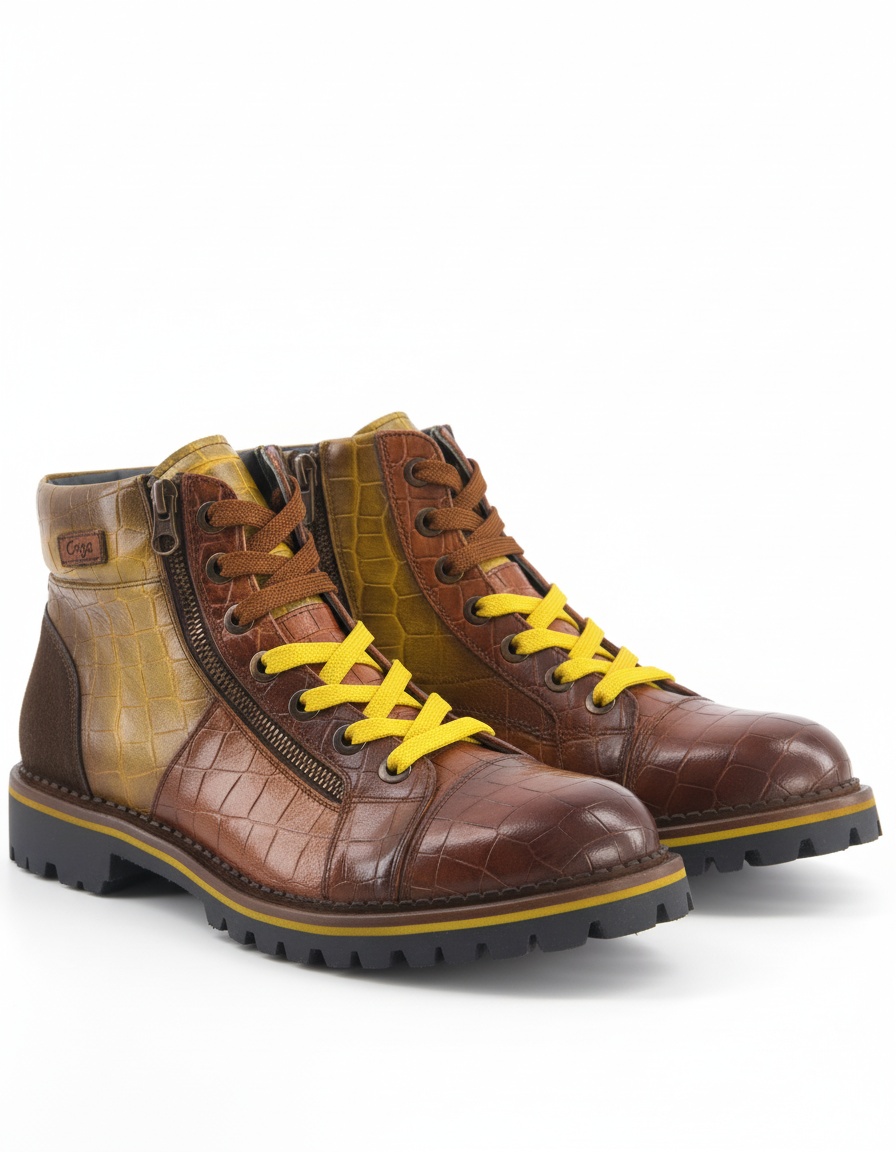 Crocodile Embossed Ankle Boots with Yellow Laces photo 1