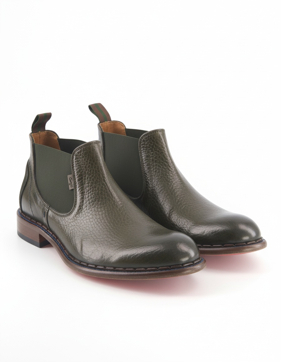 Textured Leather Chelsea Boots in Olive Green photo 1