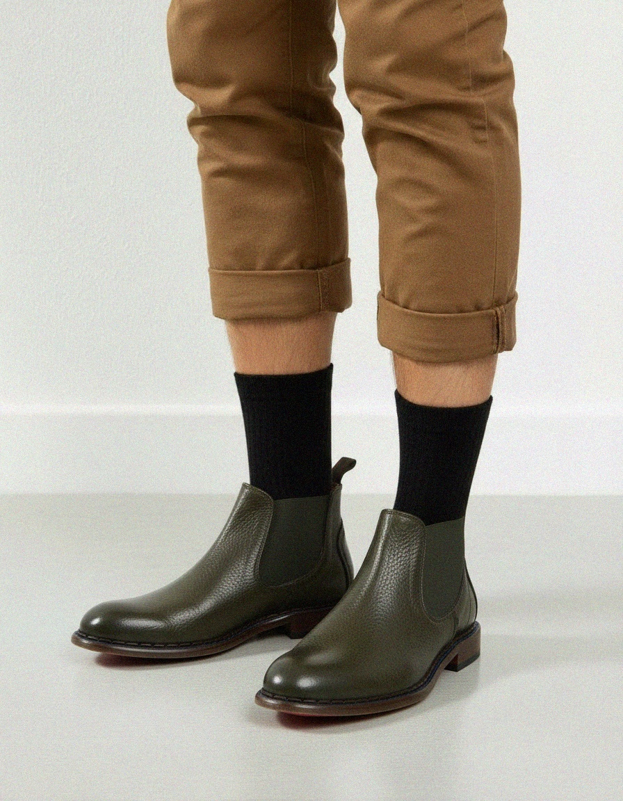 Textured Leather Chelsea Boots in Olive Green photo 2