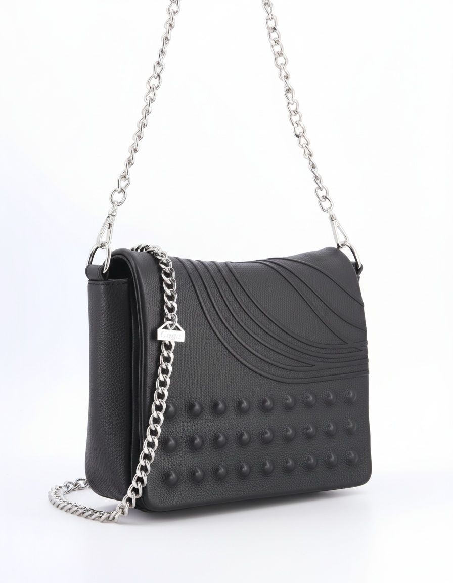 Black Pebbled Leather Shoulder Bag with Studs & Chain photo 1