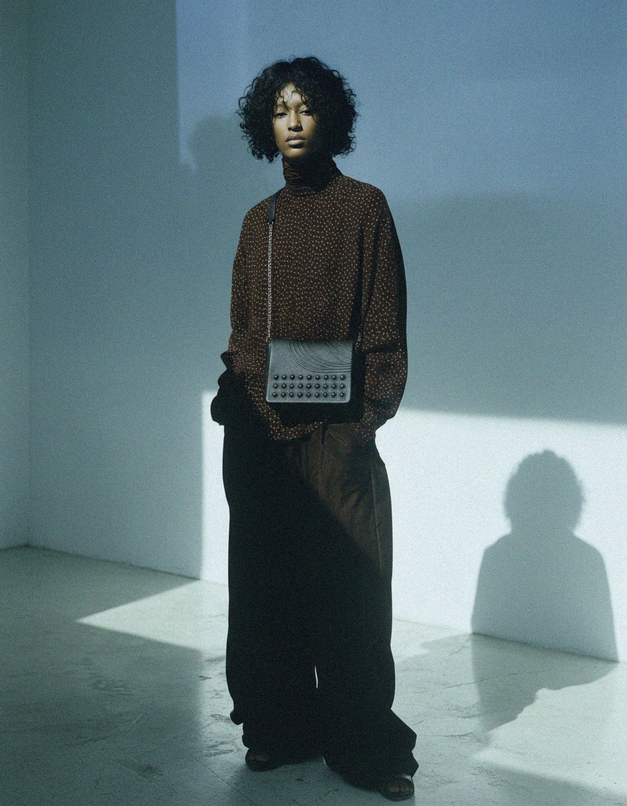 Black Pebbled Leather Shoulder Bag with Studs & Chain photo 3