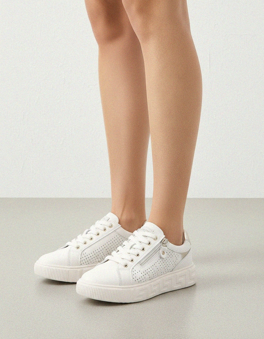 White Perforated Sneakers with Side Zipper Detail photo 2