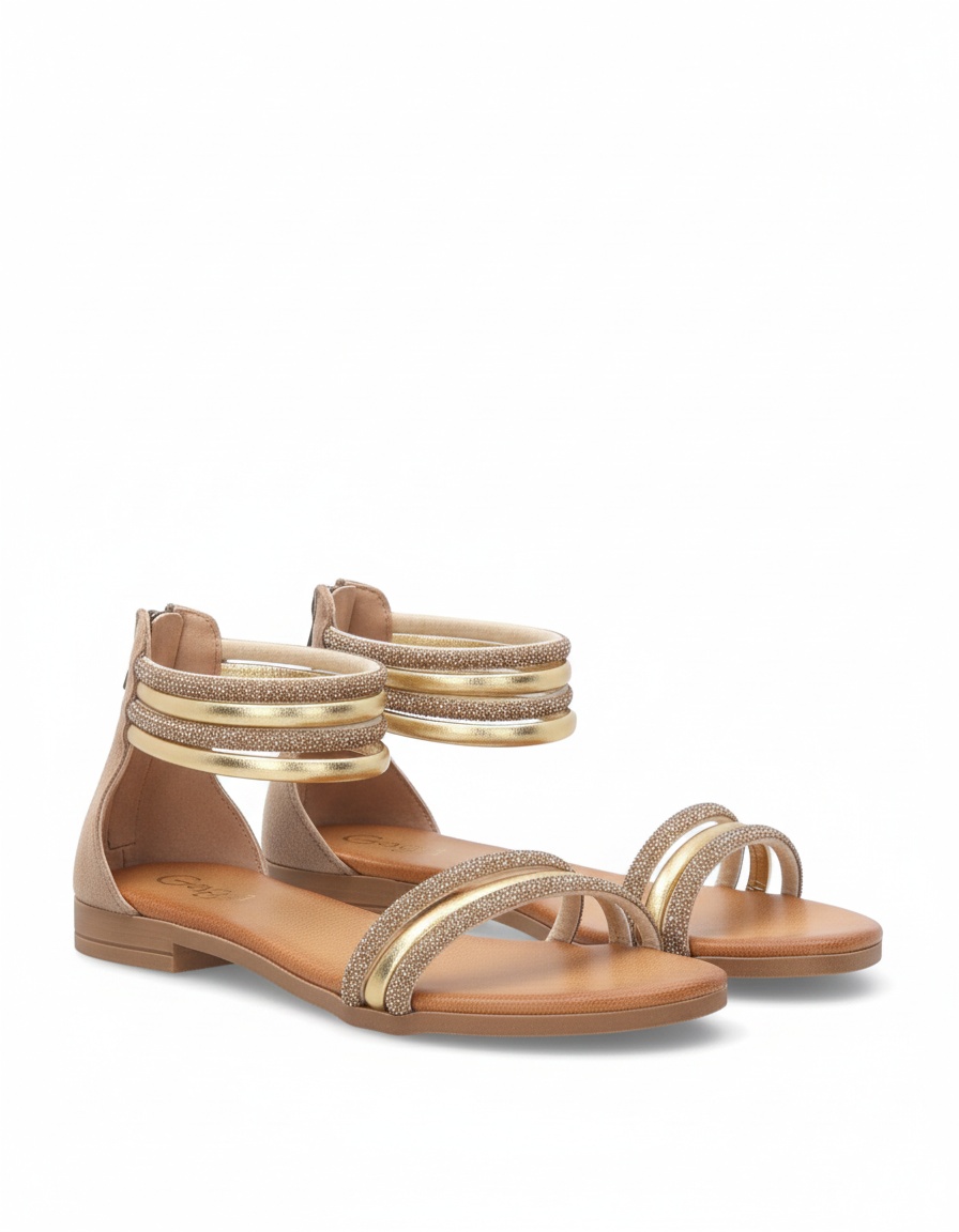 Gold Embellished Ankle Strap Flat Sandals photo 1