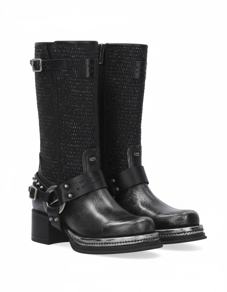 Distressed Black Knee-High Boots with Studs & Harness photo 1