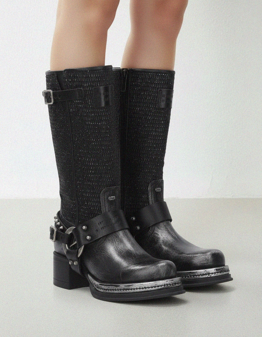 Distressed Black Knee-High Boots with Studs & Harness photo 2