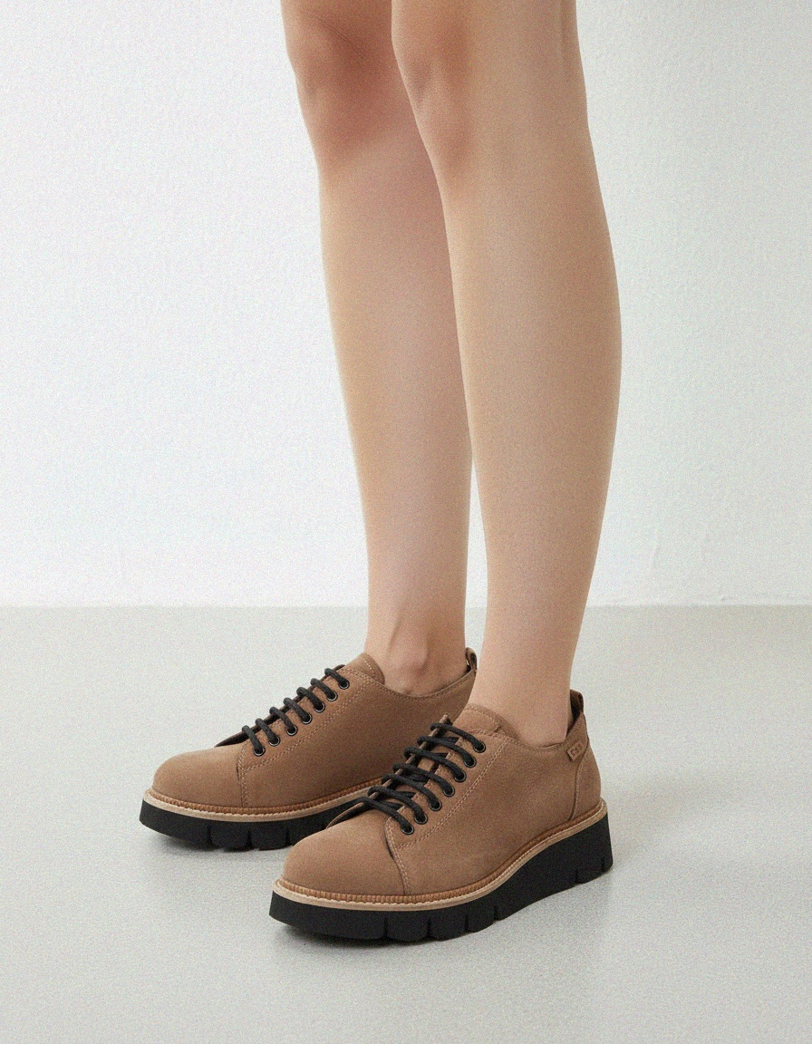 Tan Suede Lace-Up Shoes with Chunky Sole photo 2