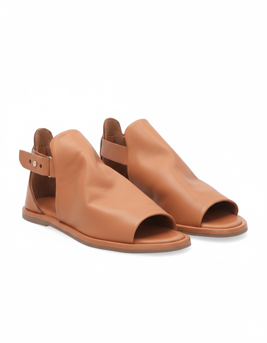 Tan Leather Flat Sandal with Ankle Strap photo 1