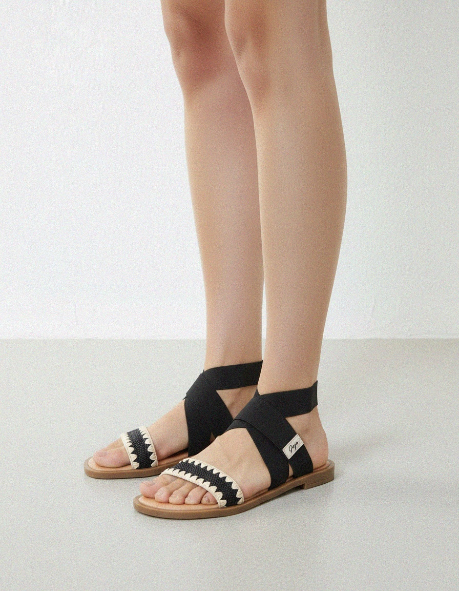 Black Woven Detail Elastic Strap Flat Sandals photo 2