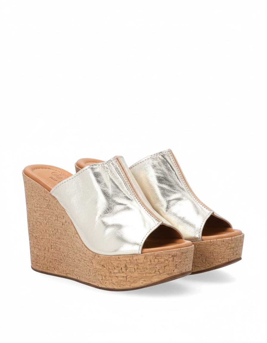 Gold Metallic Cork Wedge Mules photo 1