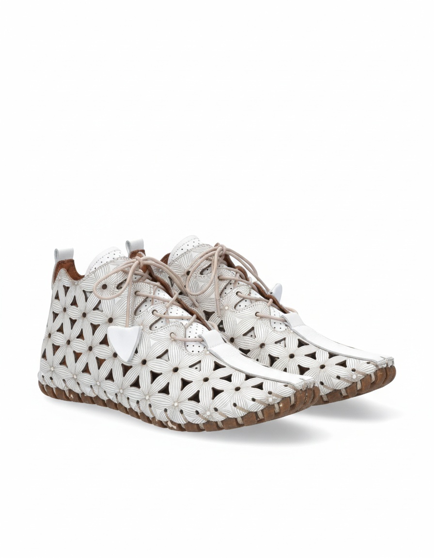 White Floral Perforated Lace-Up Ankle Boots photo 1