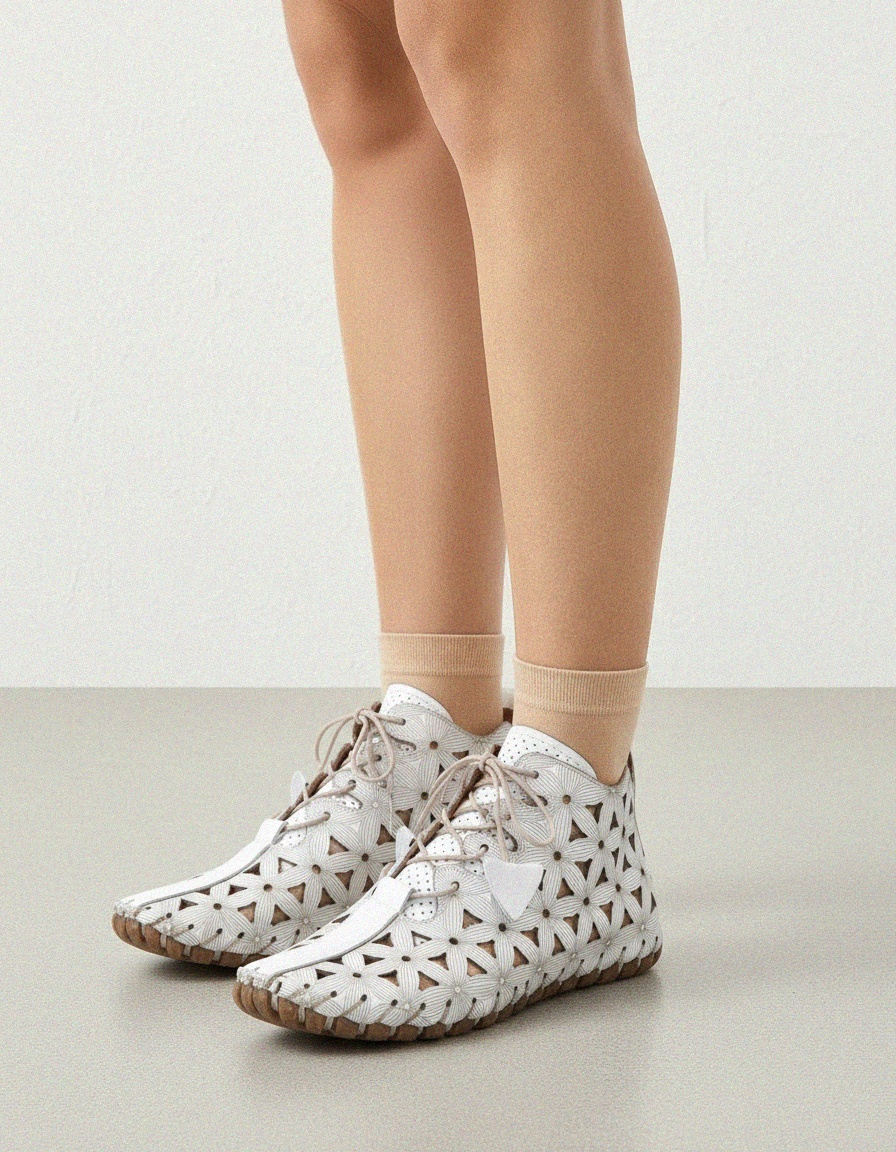 White Floral Perforated Lace-Up Ankle Boots photo 2