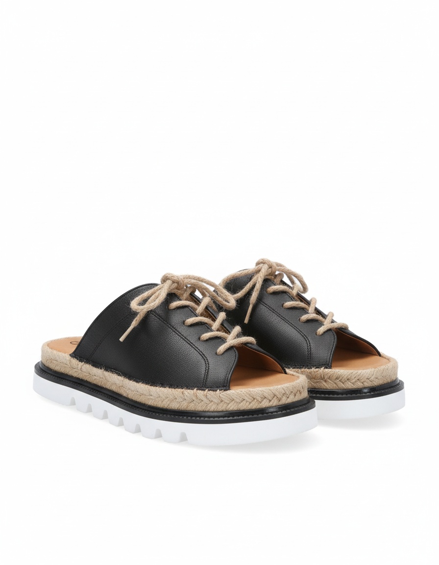 Black Leather Rope-Laced Platform Espadrille Sandals photo 1