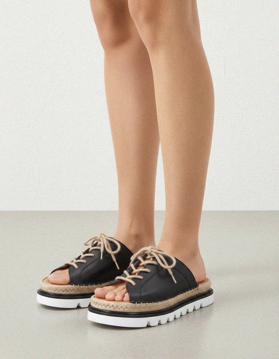 Black Leather Rope-Laced Platform Espadrille Sandals photo 2