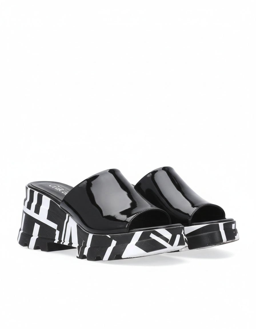 Black Patent Platform Mules with Graphic Print Sole photo 1